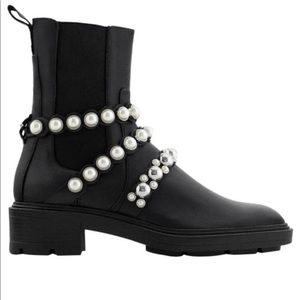Zara Black Leather Combat Boots with Pearl Straps